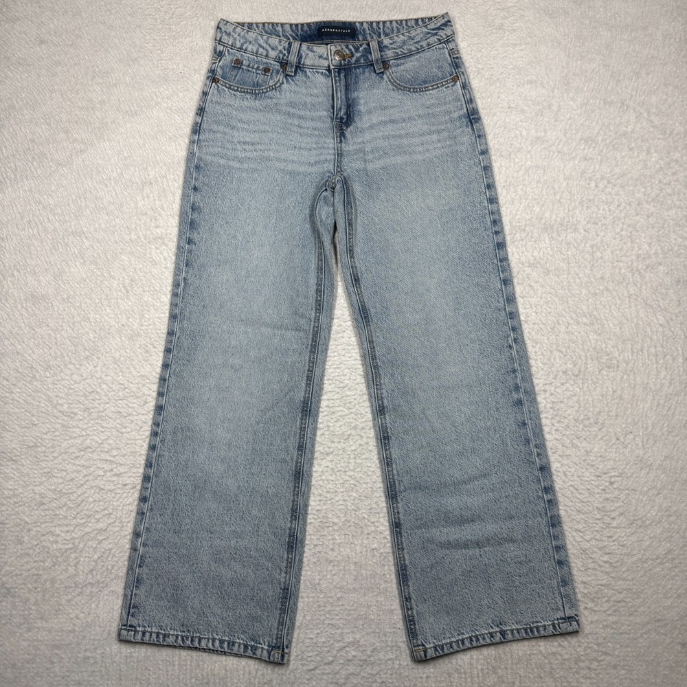 Aeropostale Aero Baggy Wide Leg Jeans Blue‎ Light Wash Denim Bow Women's 2 Short